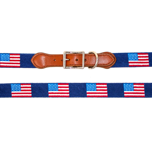 American Flag Needlepoint Dog Collar with navy blue background showing a  repeating pattern of evenly spaced American flags. The dog collar has durable stainless steel and full grain leather backing and strap.