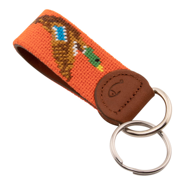 Hand-stitched duck needlepoint keychain showing a mallard drake on both sides against a blaze orange background and leather backing.  Stainless steel D-ring and keyring.