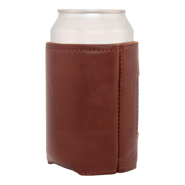 Top view handstitched needlepoint can cooler showing full grain soft leather exterior neoprene liner keeping 12 ounce beverage can cold