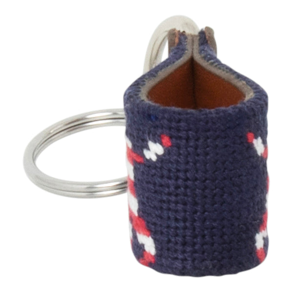 Hand-stitched Patriotic Dog needlepoint keychain showing an American Flag colored dog on both sides against a navy blue background and leather backing.  Stainless steel D-ring and keyring.