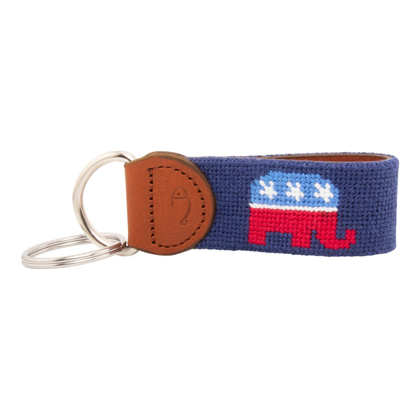 needlepoint key fob with Republican elephant design against a navy blue background, same image on both sides, hand-stitched, leather backing, stainless steel keyring