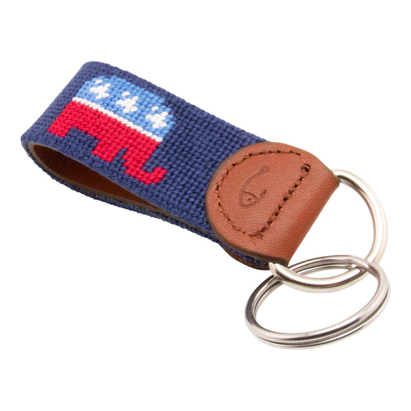 needlepoint key fob with Republican elephant design against a navy blue background, same image on both sides, hand-stitched, leather backing, stainless steel keyring