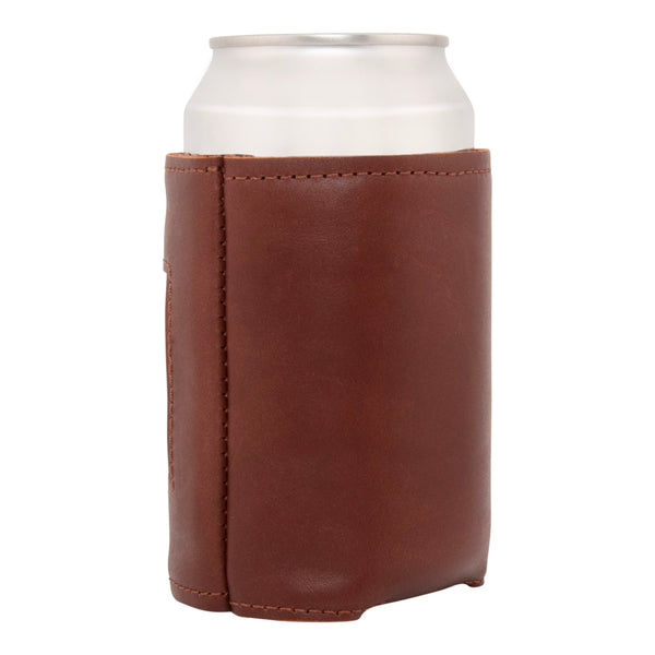 Left side needlepoint can cooler showing full grain soft leather exterior neoprene liner quality stitching keeping 12 ounce beverage can cold