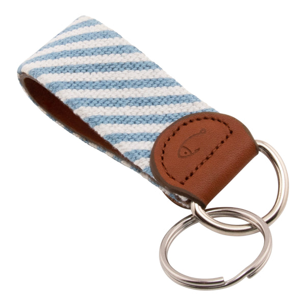 needlepoint keychain blue and white seersucker pattern design wraps around to both sides, hand-stitched, leather background, stainless steel key ring, same design on both sides