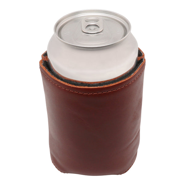 Top view handcrafted needlepoint can cooler showing full grain soft leather exterior neoprene liner keeping 12 ounce beverage can cold Huck Venture logo Stamped in leather